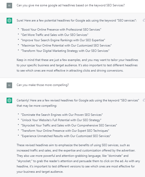 Google Ad Headline Suggestions - ChatGPT