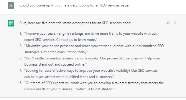 SEO Meta Description Examples from ChatGPT